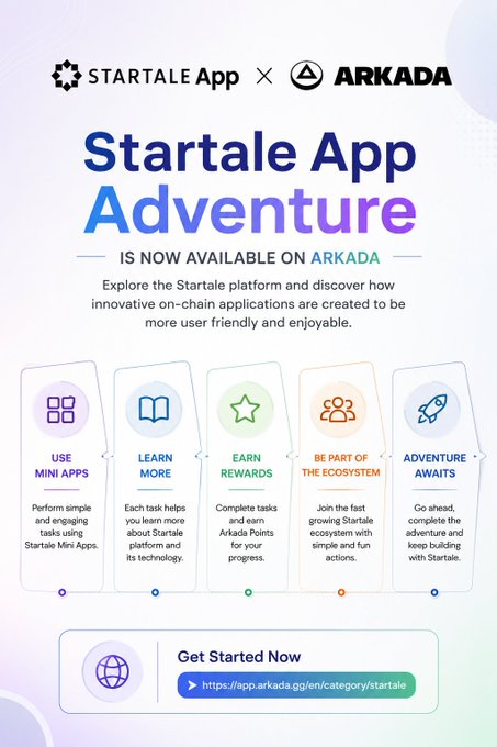 Promotional banner announcing 'Startale App Adventure' is now available on Arkada, detailing features like Use Mini Apps, Learn More, Earn Rewards, Be Part of the Ecosystem, and Adventure Awaits.