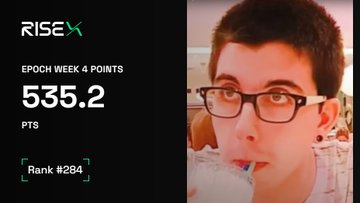 A promotional image showing a young man with glasses drinking from a pouch, accompanied by the text 'RISEX EPOCH WEEK 4 POINTS 535.2 PTS Rank #284.'