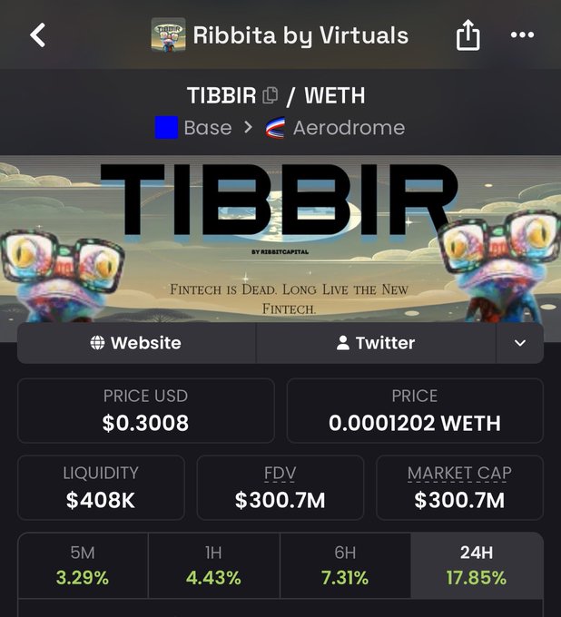 Cryptocurrency price screen for 'Ribbita by Virtuals' (TIBBIR/WETH) showing a price of $0.3008 USD, $408K liquidity, $300.7M FDV/Market Cap, with the tagline 'Fintech Is Dead. Long Live the New Fintech'.