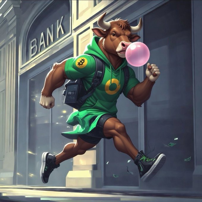 The image features a cartoon bull running down a street, with its horns raised high above its head. It appears to be blowing a bubble gum bubble while wearing a green hoodie and black shorts. The background of the image includes a bank building, suggesting that this scene takes place in an urban setting. The caption "Bulls. Bring those BCH home" is written below the bull's image, which seems to be related to the Bank of Canada.