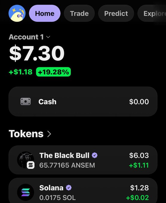 A mobile app screenshot showing a crypto portfolio with a $7.30 total balance (+$1.18, +19.28%), displaying holdings of 65.77165 ANSEM (The Black Bull) worth $6.03 and 0.0175 SOL worth $1.28, with $0.00 cash. The image relates to the post "65 $ANSEM and a dream" by showcasing the user's 65.77 ANSEM token holdings as their primary asset in the portfolio.