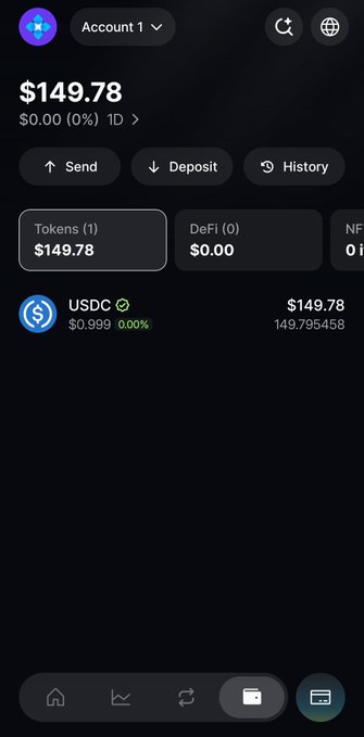 A dark-themed crypto wallet app interface for 'Account 1' shows a balance of $149.78 in USDC, with buttons for Send, Deposit, and History.
