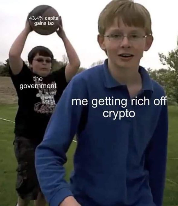 A humorous meme featuring a boy labeled 'me getting rich off crypto' running away from another boy holding a ball labeled '43.4% capital gains tax' representing 'the government'.