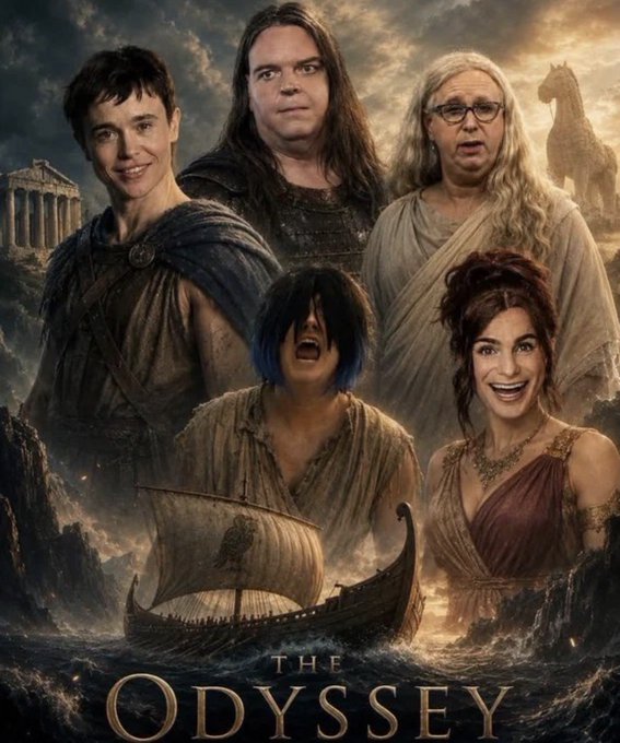 A fantasy-style movie poster titled 'THE ODYSSEY' depicting five people styled as ancient Greek figures in togas against a dramatic seascape with a Greek temple, Trojan Horse, and ship.
