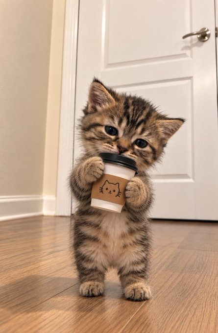 An adorable tabby kitten stands on its hind legs on a wooden floor, holding a small white coffee cup with a cat face design and taking a sip.