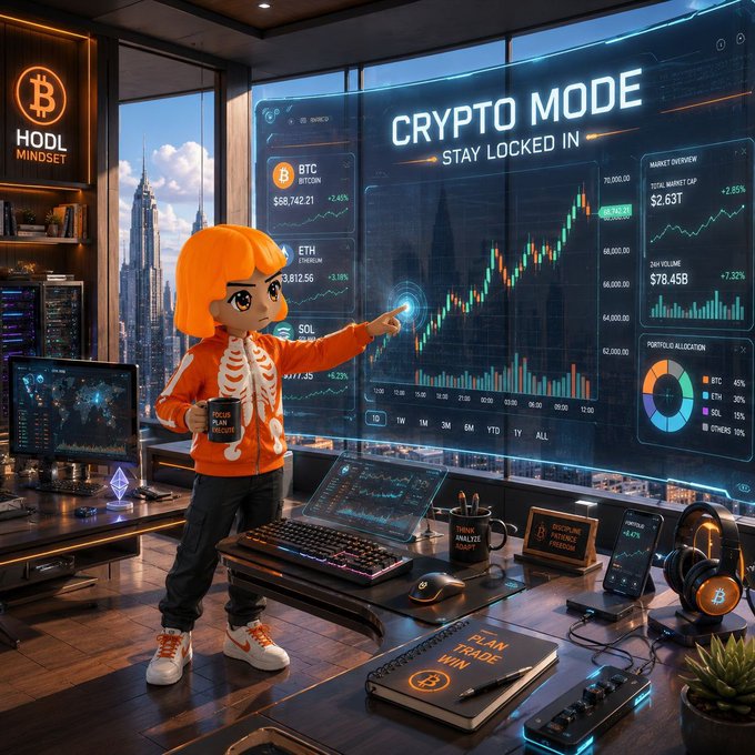 A cartoon character with orange hair, wearing a "Focus On The Mission" hoodie, points at a massive curved display showing "CRYPTO MODE - STAY LOCKED IN" with BTC at $68,742.21 (+2.43%) and ETH at $5,812.56 (+3.18%) on rising charts, alongside a "HODL MINDSET" neon sign and a "Plan Trade Win" notebook, embodying bullish optimism as Bitcoin pumps toward higher highs.