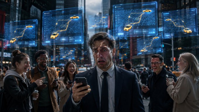 The image shows a man wearing a suit standing in front of a crowd, looking at his phone while surrounded by people. The crowd consists of various individuals engaged in different activities such as walking or talking with each other. One person in the crowd is holding a cup and another has a cell phone. The scene takes place on a busy street where several people are gathered around screens displaying information about ridesharing services, including Uber. This suggests that the image might be related to an advertisement or promotional campaign for ridesharing services.
