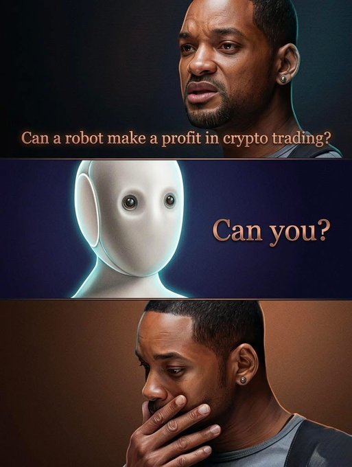 A three-panel meme featuring Will Smith asking 'Can a robot make a profit in crypto trading?', a white robot (Pepper) responding 'Can you?', and Will Smith looking distressed in the final panel.