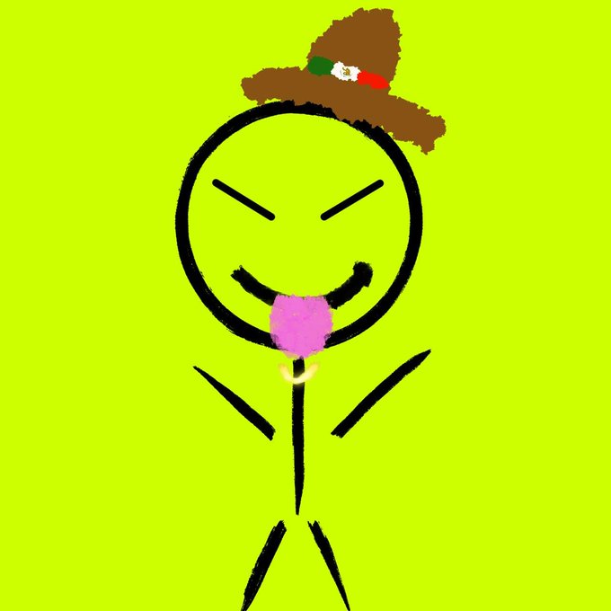 A digital drawing of a stick figure with a green head, evil smile, and pink tongue, wearing a brown hat with the colors of the Mexican flag on a bright yellow-green background.