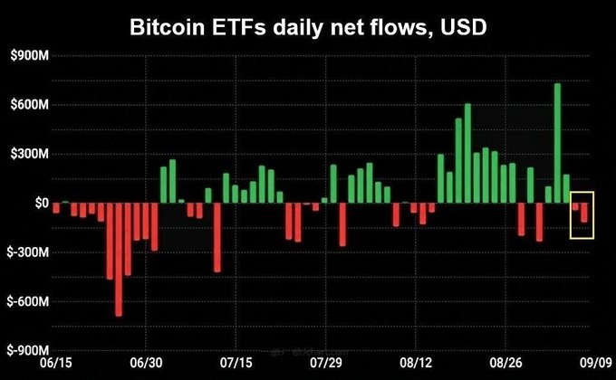 A bar chart titled 'Bitcoin ETFs daily net flows, USD' displaying green (positive) and red (negative) bars from 06/15 to 09/09, with a yellow box highlighting the most recent data point on the far right.