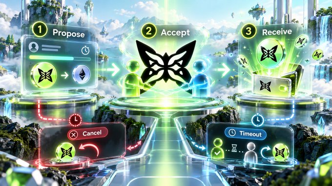 A colorful NFT trading infographic illustrating the process: 1) Propose, 2) Accept with two figures, and 3) Receive, with Cancel and Timeout options, featuring a butterfly logo.