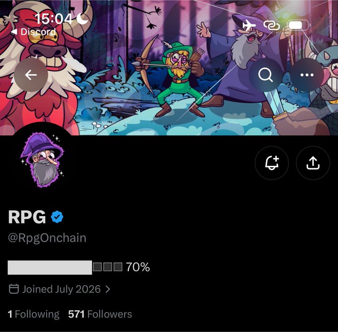 A social media profile page for 'RPG @RpgOnchain' showing a wizard avatar, 571 followers, a 70% progress bar, and a 'Joined July 2026' timestamp, with a cartoonish fantasy artwork as the header.