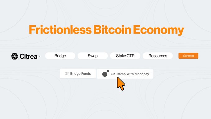 A Citrea website screenshot titled 'Frictionless Bitcoin Economy' with navigation options for Bridge, Swap, Stake CTR, and Resources, highlighting 'On-Ramp With Moonpay' with an orange cursor arrow.
