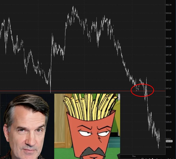 A dark financial chart shows a white price line trending sharply downward toward the lower right, with a red horizontal support line and a red oval highlighting a breakdown area. Two inset images at the bottom show a man and an angry cartoon fry character.
