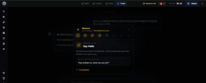 A screenshot of the EmberMCP application showing a 'Missions 4/9' panel with a completed 'Say Hello' mission task, alongside a navigation bar displaying 'Build', 'Launch', 'Stake', and a balance of $2.32.