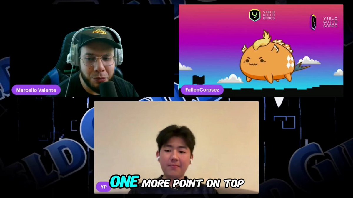 The image shows three people sitting behind computer screens with their faces displayed on them. The person on the left has a black hat, while the other two individuals have different colored hats. They are all looking at a screen that displays a cartoon character or a game logo. The caption of the image reads "Who doesn't know @yellowpantherx, fax! In this clip, @marcellovtv talks about the importance of your personal brand in CT and why it acts more like a resume."