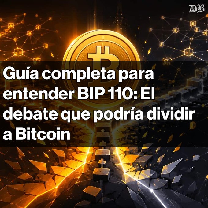 The image is a graphic featuring a golden Bitcoin logo against a dark background with blockchain network imagery and shattered geometric elements, accompanied by Spanish text reading "Guía completa para entender BIP 110: El debate que podría dividir a Bitcoin" (Complete guide to understanding BIP 110: The debate that could divide Bitcoin), visually representing the controversial Bitcoin Improvement Proposal discussed in the post about limiting arbitrary data storage on the blockchain.