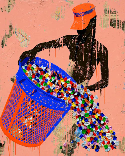 A mixed-media street art piece depicts a silhouette figure wearing an orange "NIKE" cap pouring colorful pixelated cubes from a blue and orange basket against a pink background.