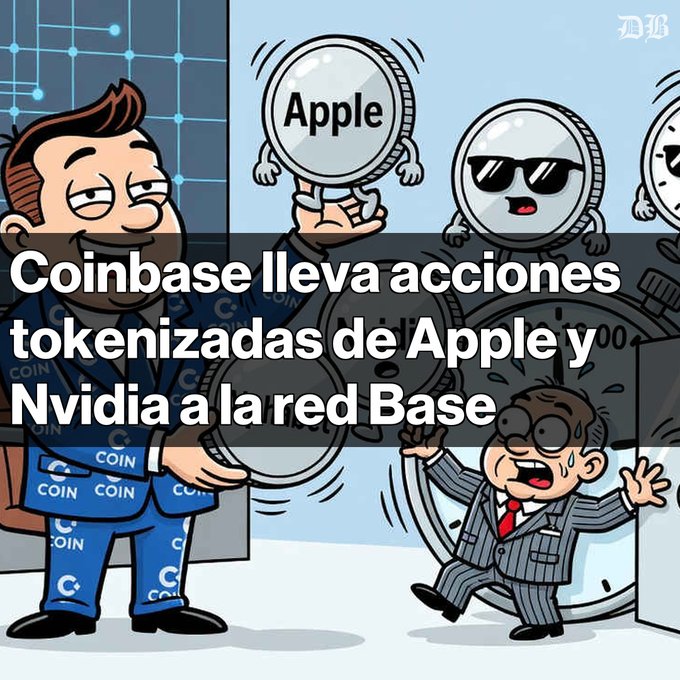 A cartoon illustration featuring anthropomorphized coins with the headline "Coinbase lleva acciones tokenizadas de Apple y Nvidia a la red Base," depicting a confident character in a "COIN" suit and a frightened businessman.