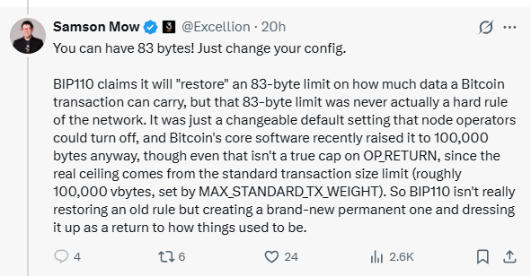 A tweet by Samson Mow (@Excellion) discussing BIP110 and Bitcoin's transaction size limits, noting that the 83-byte limit was never a hard rule and explaining the current 100,000 vbyte ceiling set by MAX_STANDARD_TX_WEIGHT.
