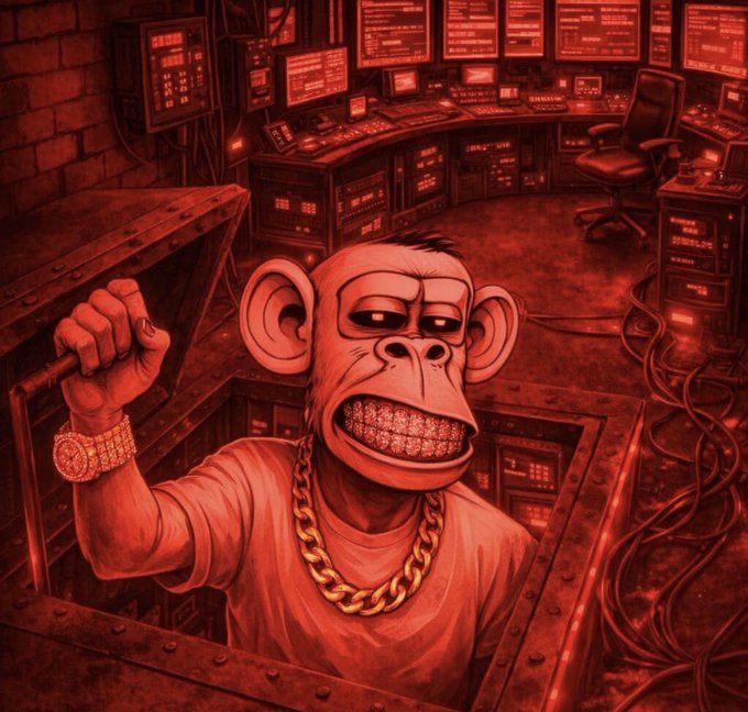A stylized red-toned digital illustration of a Bored Ape-style cartoon monkey character wearing a gold chain necklace and a diamond-encrusted watch, emerging from a hatch in a high-tech surveillance room with multiple monitors.