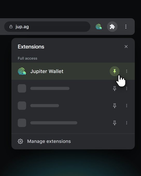 A screenshot of a browser extensions menu on jup.ag showing the 'Jupiter Wallet' extension with full access enabled.