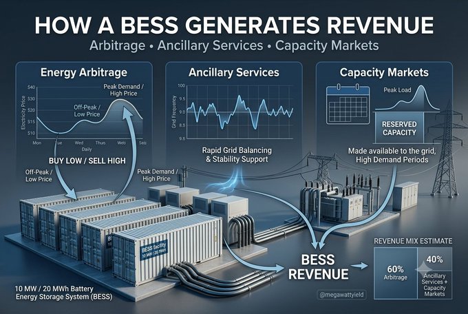 An infographic titled 'HOW A BESS GENERATES REVENUE' illustrates a 10 MW / 20 MWh Battery Energy Storage System with three revenue streams: Energy Arbitrage (60%), Ancillary Services, and Capacity Markets, totaling a revenue mix estimate.