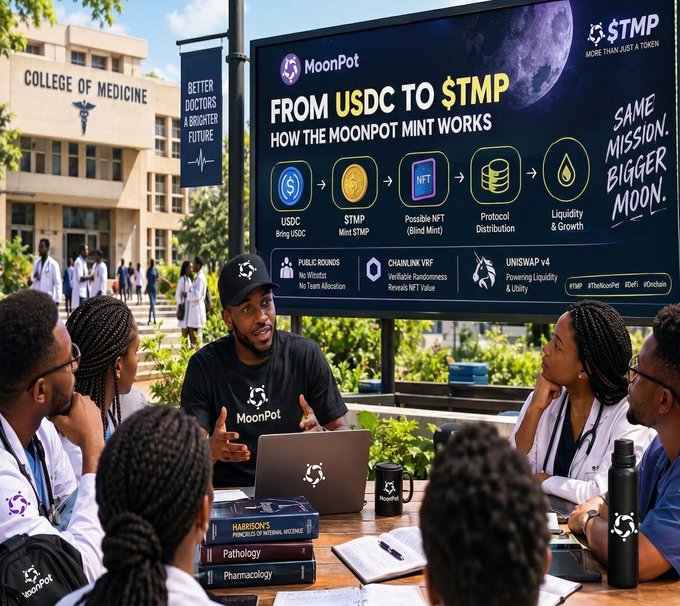 A man wearing a MoonPot shirt leads a discussion with medical students outside a College of Medicine building, standing before a large display titled "MoonPot: From USDC to $TMP – How the Moonpot Mint Works," which outlines the minting process from USDC to $TMP to NFT rewards and features the tagline "Same Mission. Bigger Moon."