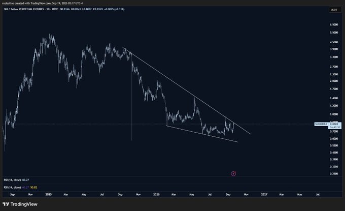 A TradingView daily chart of the SUI/USDT pair on Binance shows a descending wedge pattern forming since mid-2024, with the price currently testing the lower trendline around $0.80–$0.85 and RSI near oversold territory at ~40, aligning with the poster's bullish outlook ahead of Sui Basecamp Singapore.