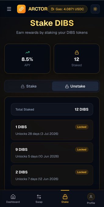 The image shows an app screen displaying information about stake-docking rewards for stake-docking tokens. The screen has a black background with white text, and there are several options available such as "Unlock token" and "Stake DBS". The main focus of the image is on the stake-docking reward system, which appears to be an important feature in the app.