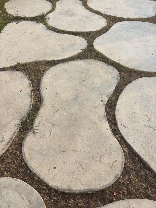 Light gray concrete stepping stones in an organic, curved shape are set into dirt with sparse patches of grass.