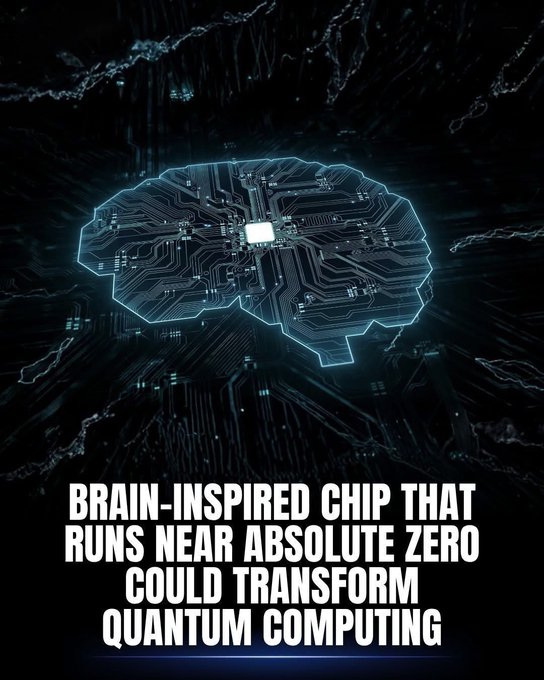 The image features a brain-shaped chip that has been designed to run near absolute zero, which could potentially transform Quantum Computing. The text above the chip reads "Brain-inspired chip that runs near absolute zero could transform Quantum Computing". This suggests that the design of this chip is inspired by the human brain's ability to process information and adapt to extreme conditions.