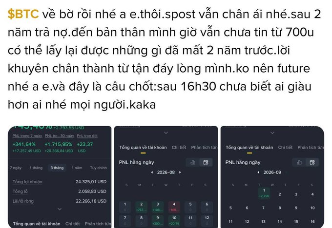 A Vietnamese social media post discussing Bitcoin ($BTC) returns and trading, alongside screenshots of a trading app showing profit/loss percentages and a calendar view for 2026-08 and 2026-09.