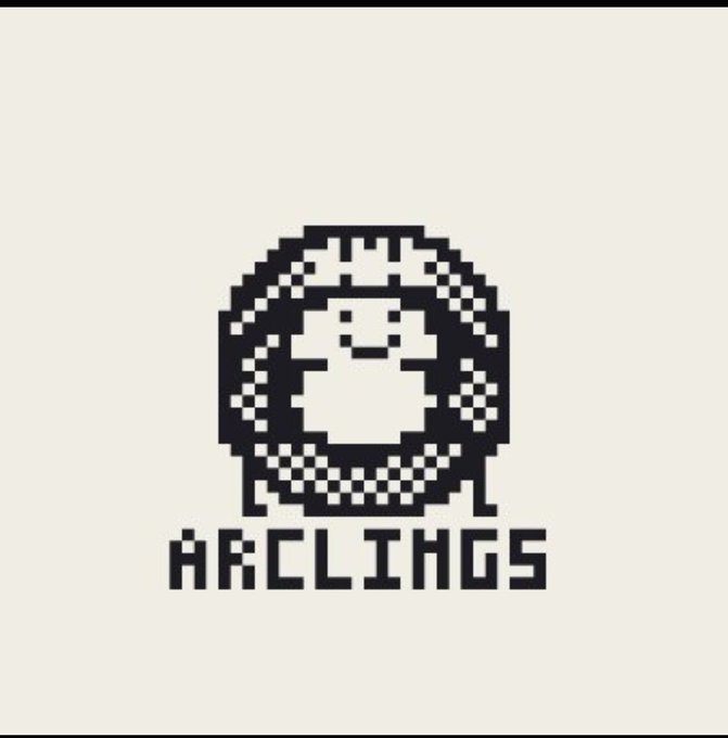 A pixel art design on a beige background featuring a stylized circular emblem with a character inside, with the text 'ARCLINGS' beneath it.