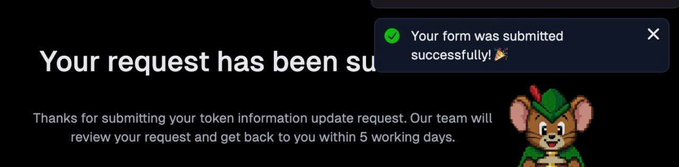 A submission confirmation page reading "Your request has been submitted" with a note about token information update review within 5 working days, accompanied by a cartoon mouse character in green attire.