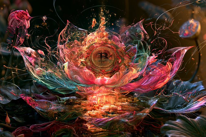 A surreal, colorful digital artwork featuring a Bitcoin symbol at the center of a glowing, flower-like cosmic structure with red, pink, and teal hues.