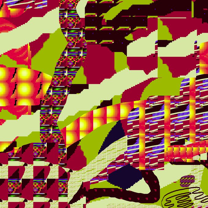 A brightly colored digital artwork in lime green, magenta, and yellow with pixelated, glitch-art textures and grid patterns.