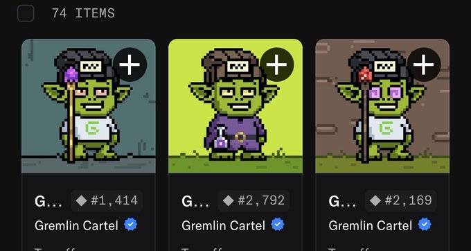 A digital interface displaying three pixel-art character cards labeled 'Gremlin Cartel' featuring green goblin-like creatures with '#1,414', '#2,792', and '#2,169' on a black background.