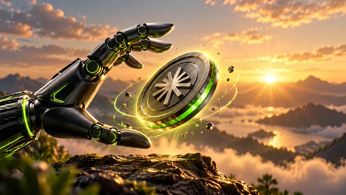 A futuristic AI-generated image of a black and green robotic hand holding a glowing green and silver cryptocurrency coin with a starburst logo, set against a sunset mountain landscape.