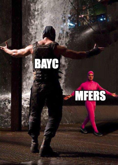 A meme image labeling a muscular figure in tactical gear as 'BAYC' (Bored Ape Yacht Club) and a smaller figure in a pink outfit as 'MFERS', parodying a movie scene.