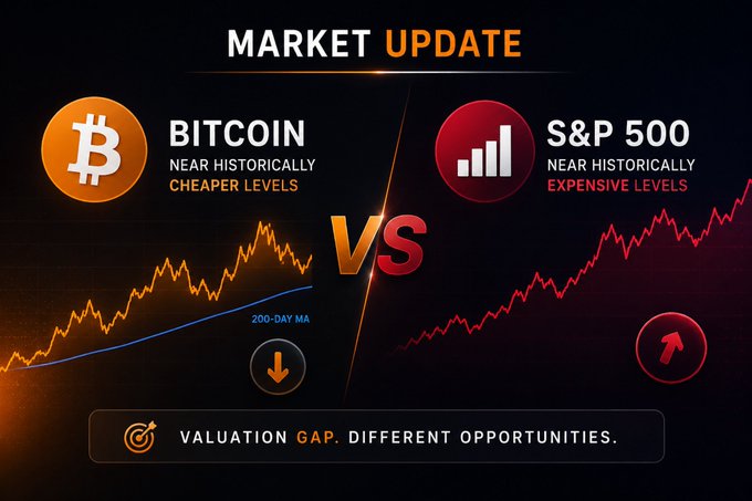 In this advertisement, a computer screen displays two graphics depicting Bitcoin and the S&P 500 stock market. The Bitcoin graphic shows its value rising near the lower half of its historical range compared to the 200-day moving average, while the S&P 500 remains in the upper part of its historical range, indicating that Bitcoin's price is currently higher than the equity market. The graphics are designed with a gradient effect, and they convey the message that Bitcoin has been performing well due to its lower relative price compared to the S&P 500.
