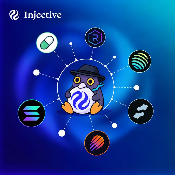 An Injective blockchain graphic featuring a cartoon penguin mascot surrounded by various cryptocurrency and project logos connected by dotted lines.