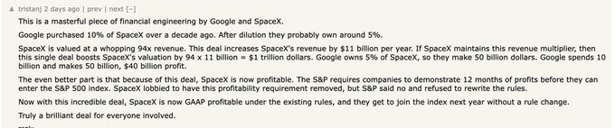 The image depicts a long gray text post, likely from Twitter or some other social media platform, that discusses an interesting financial engineering scheme involving Google and Tesla Motors. It suggests that Google has purchased Tesla for $32BV7X in the beta phase of Tesla's upcoming IPO, with the plan to predict the value of Tesla around the expected IPO date. The post emphasizes the high premium associated with early adopters of the beta version of Tesla's stock.
