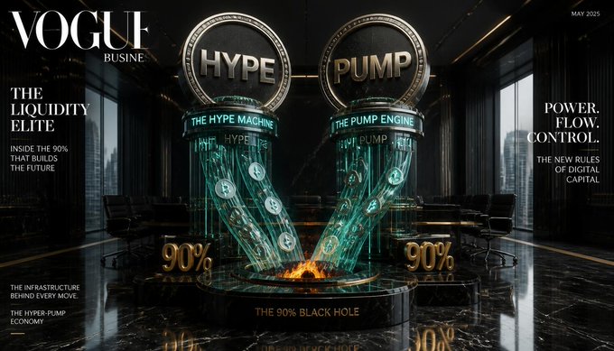 A Vogue Business magazine cover titled 'MAY 2025' featuring an elaborate display labeled 'THE HYPE MACHINE' and 'THE PUMP ENGINE' with text like 'THE LIQUIDITY ELITE' and 'POWER. FLOW. CONTROL.'