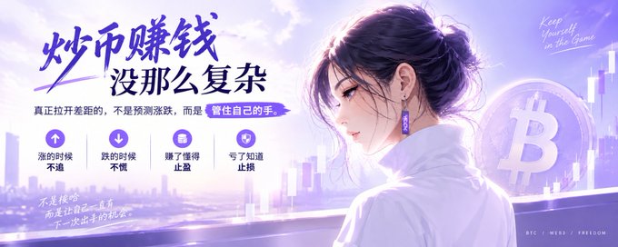 An anime-style promotional banner with purple tones featuring a female character and Bitcoin imagery, with Chinese text including '炒币赚钱没那么复杂' and 'Keep yourself in the game'.