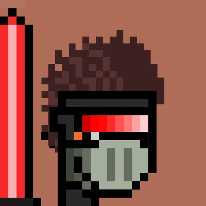 A pixel art character with curly brown hair and a red visor/goggle accessory stands next to a tall red cylindrical object on a brown background.