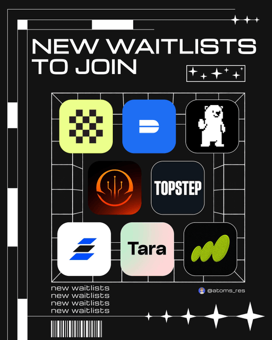A graphic titled "NEW WAITLISTS TO JOIN" displays a grid of eight app icons and logos—including Chomp, DeepBook, Topstep, and Tara—on a dark background, promoting early-access opportunities mentioned in the accompanying post.