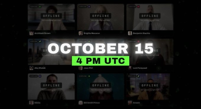 A digital event announcement for 'OCTOBER 15' at '4 PM UTC' displayed over a grid of video call participants showing 'OFFLINE' status with names like Archibald Brown, Brigitte Macaroon, and Benjamin Stacchio.
