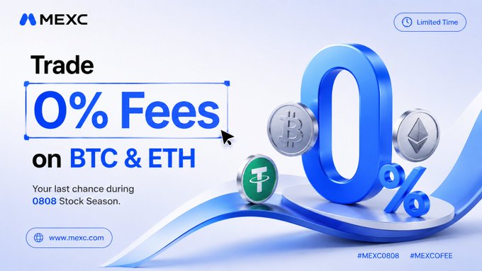 A blue and white promotional banner for MEXC advertising 'Trade 0% Fees on BTC & ETH' as a limited-time offer during the 0808 Stock Season.