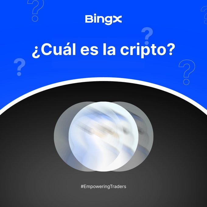 A BingX promotional graphic with a blue background and question marks asking "¿Cuál es la cripto?" (Which is the crypto?) above a blurred circular image, with the hashtag #EmpoweringTraders.
